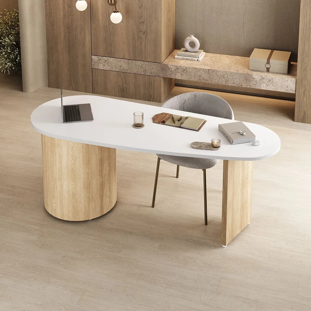 Escrivaninha Ovale - Branco/Carvalho - Móveis Curitiba | Moveirama