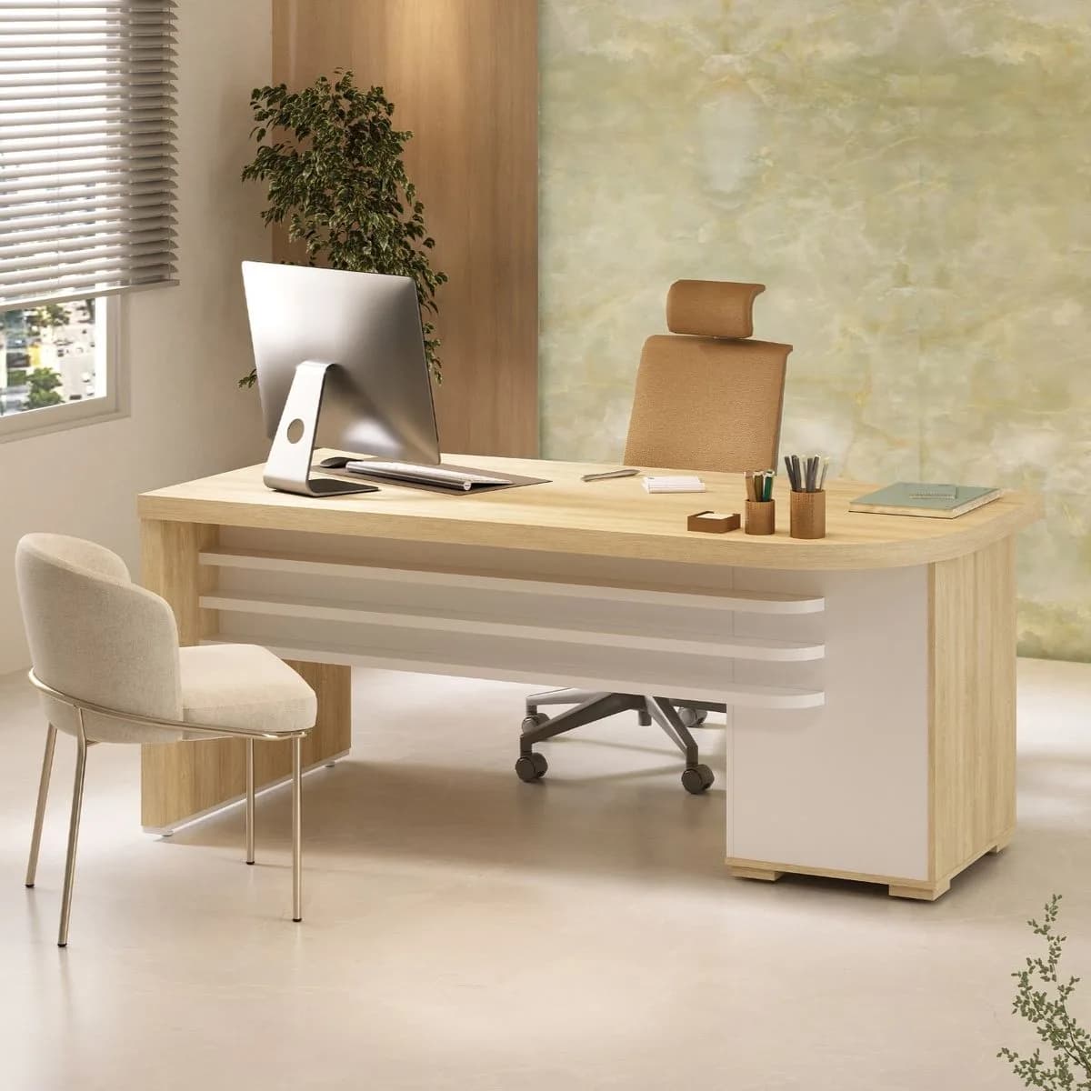 Mesa Tamburato com Gavetas LD - Carvalho/Branco - Móveis Curitiba | Moveirama