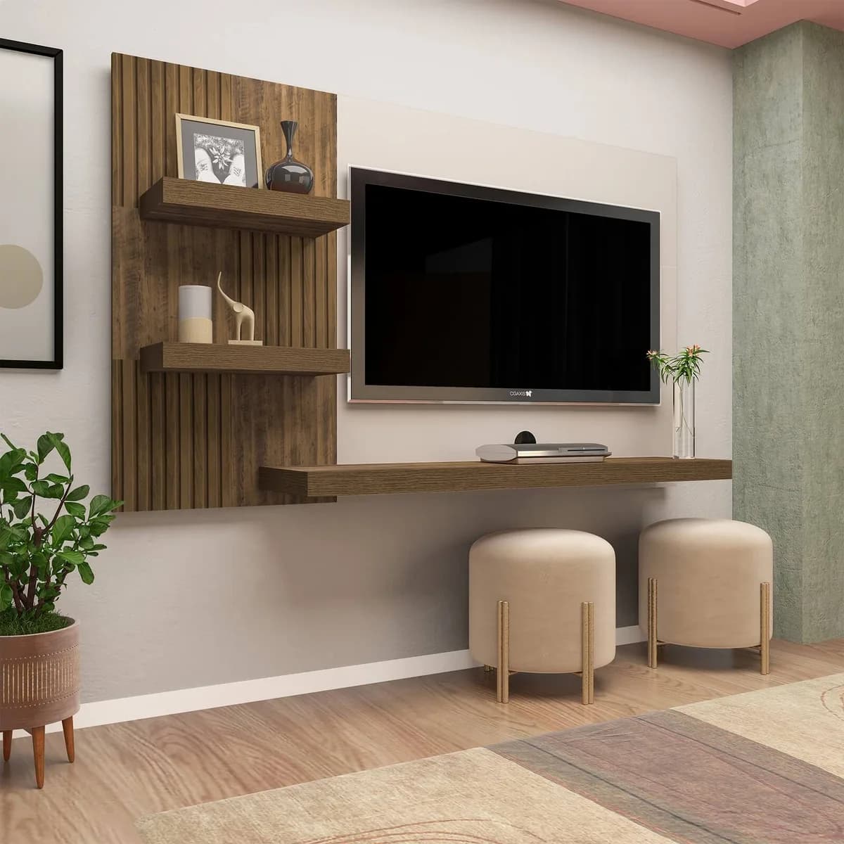 Painel Chess para TV até 50 polegadas - Pinho Ripado C / Off White